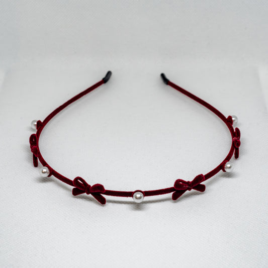 Burgundy Headband with Bows and Pearls